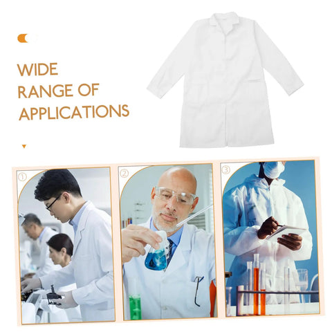 White Cotton Lab Coat With Long Sleeves For Doctors, Medical Pros, And Students displayed above lab professionals in use.