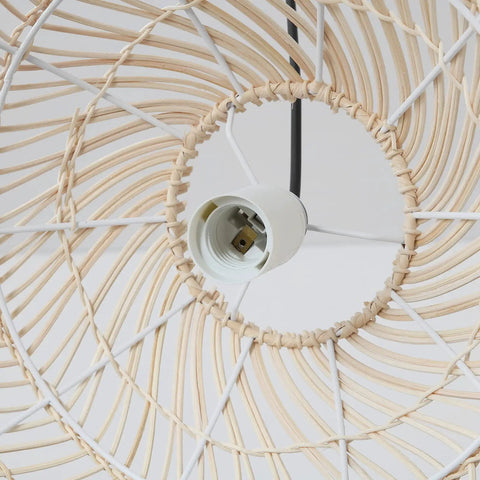 Close-up of E26 base on Two Pack Woven Rattan Pendant Lights for Kitchen Island and Living Room, showing cream rattan weave.