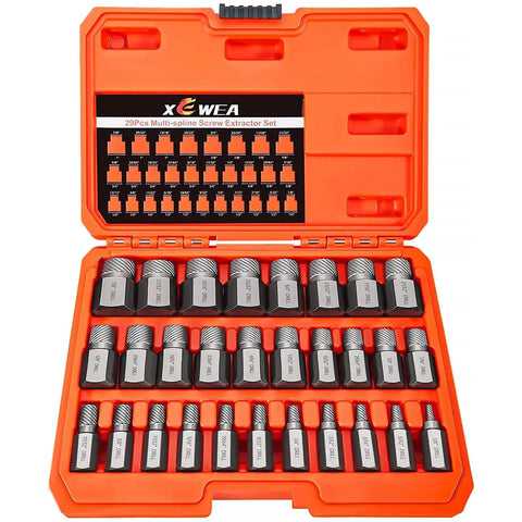 Heavy Duty 29 Piece Screw Extractor Set Hex Head MultiSpline Easy Out Bolt Remover Kit in CRMO Steel for Stripped Bolts in case