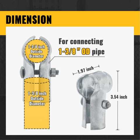 Heavy Duty End Rail T Clamps For 1-3/8 Inch Chain Link Fence Fittings, galvanized pipe connectors with dimensions labeled