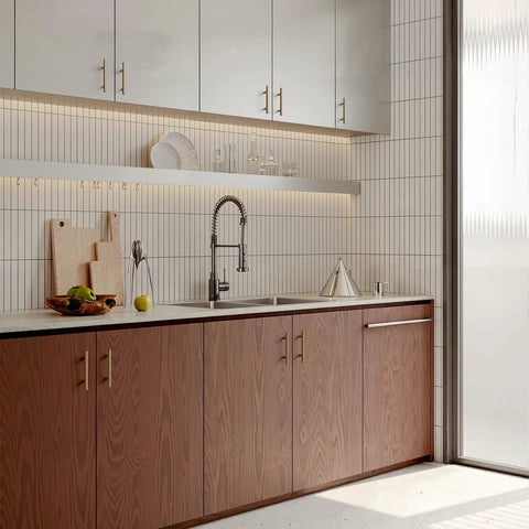 Elegant kitchen with 25 Pack Champagne Bronze Cabinet Pulls 3 Inch Drawer Handles, highlighting brushed stainless steel finish.