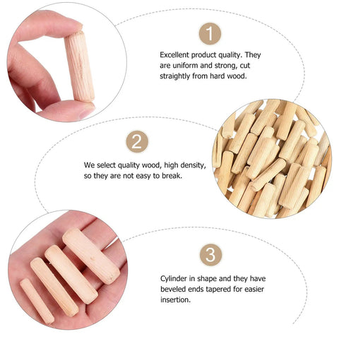 500 Pcs Wooden Dowel Pins Kit With Fluted Beveled Hardwood Round Wood Nails And Shaft Connectors in hand and assorted sizes