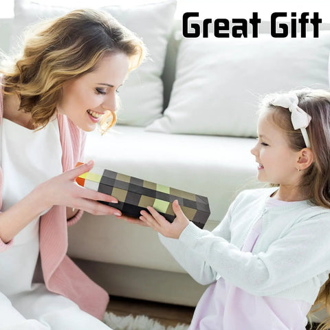 Woman and child exchanging gift box, Glow Torch Wall Lamp With 7 Color Night Light packaging visible, cozy room setting