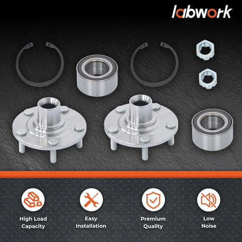 Wheel Hub Kit With Bearing For Mitsubishi Outlander Sport Front Left And Right 4WD 2011 2018 Replacement Includes Bearing To Cushion Vibrations And Improve Ride Quality, two hubs and bearings displayed with accessories