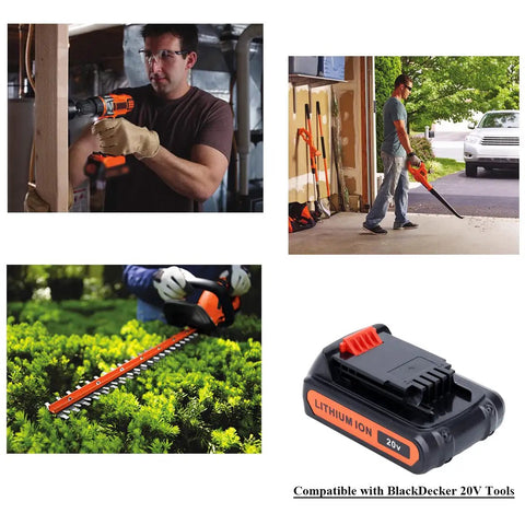Collage of Twin Pack 4000mAh 20V Max LBXR20 Replacement Battery for Black and Decker tools in use. Compatible with LBXR20.