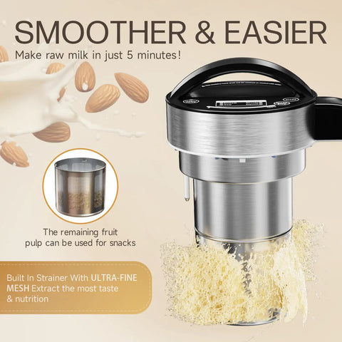 Built-In Filter 304 Stainless Steel Almond Milk Maker With 50oz Capacity showing strainer and almond milk flow