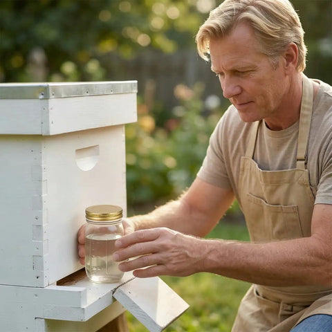 Person using Eight Pack Mason Jar Bee Feeder Lids Made Of Metal For Sugar Water Feeding In Beekeeping Perfect Beehive Water Station And Feeding
