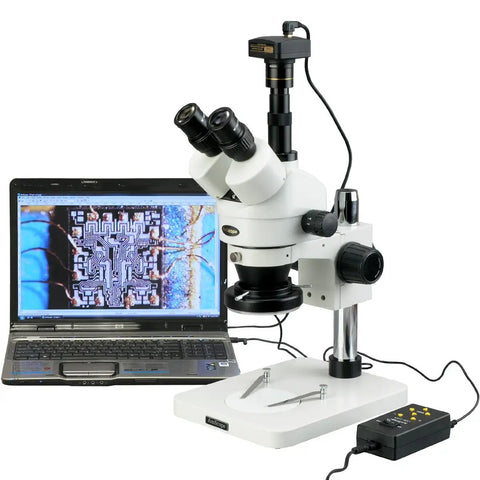 Trinocular Zoom Stereo Microscope 3.5X To 90X With Long Working Distance, 144 LED Four Zone Lighting System, Pillar Stand, 10X Super Widefield Eyepieces, Adjustable Interpupillary, Perfect For Circuit Boards And Dental Appliances. Trinocular microscope shown with laptop and pillar stand.