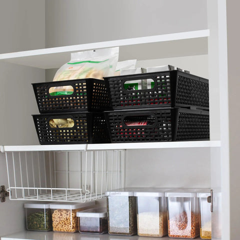 Stackable Woven Plastic Storage Baskets 6 Pack For Cabinet Closet Shelf Under Sink Countertop Pantry Organizer Bins With Extra Large Capacity For Kitchen And Bathroom Organization with black design on a shelf storing goods