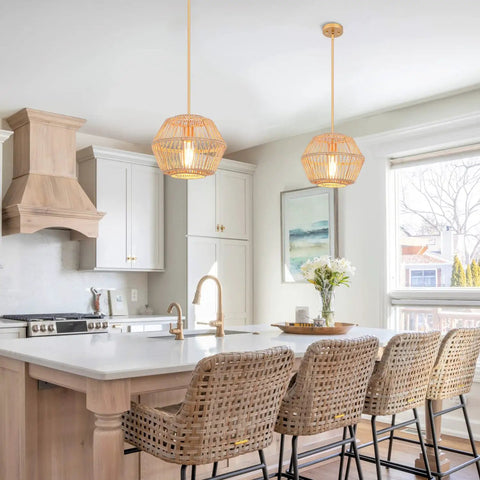 Rattan Pendant Light Fixture With Woven Abaca Rope Shade, Boho Chandelier Hanging Lamp, Natural Wood Gold Finish Accent for Bedroom, Dining Room, Kitchen Island, Entryway