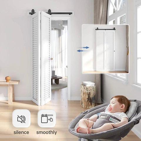 Slick 28 Inch Bifold Sliding Barn Door Hardware Track Kit With Top Mount Rollers For Double Closet Doors shown in a modern interior.