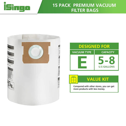 15 Pack Replacement Vacuum Filter Bags For 5 To 8 Gallon Vacuums Type E And Type H Compatibility Fits S90661 9066100 9066133