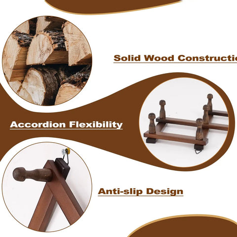Expandable Wall Mounted Hat Rack With 10 Hooks showing solid wood, accordion design, and anti-slip features