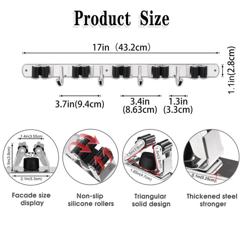 Mop And Broom Wall Mount Organizer With Five Racks And Four Hooks Stainless Steel Heavy Duty Boss Grade Tool Hanger dimensions