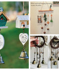 Collage of decorative wind chimes and wall hangings with birdhouses and bells for indoor and outdoor decor.