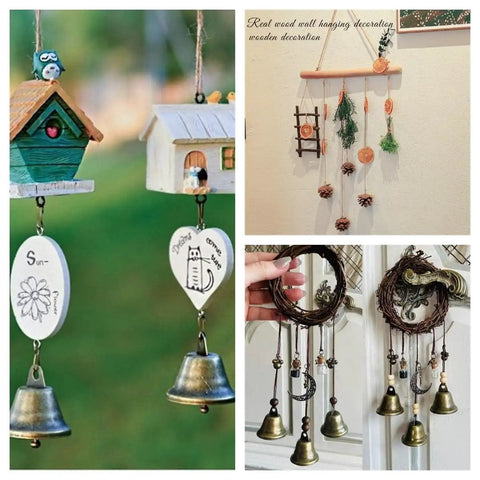 Collage of decorative wind chimes and wall hangings with birdhouses and bells for indoor and outdoor decor.