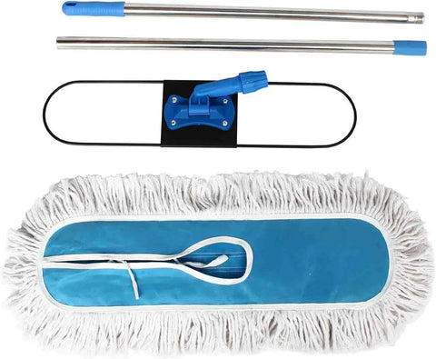 Heavy Duty 24 Inch Commercial Dust Mop With Long Swivel Handle For Wet And Dry Cleaning No Sweat Pro Grade Floor Sweeper components, showing mop head and handles.