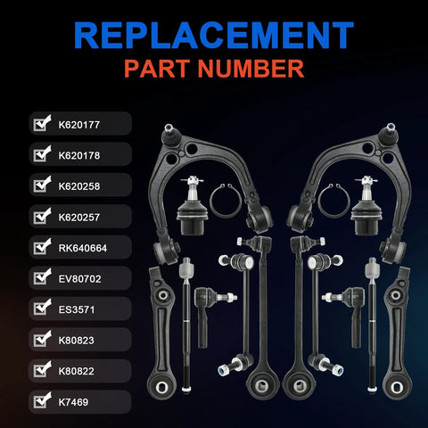 Front suspension kit, 14 pieces, black control arms and ball joints for Chrysler 300, Challenger, Charger, Magnum (RWD).