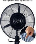 Heavy Duty High Velocity Misting Pedestal Fan With Three Adjustable Speed Settings And Rock Solid Construction To Keep It Fresh On Burnin Summer Days Ideal For Gym Spaces Outdoor Patios Or Industrial Warehouses with a close-up of the encrypted security net cover.