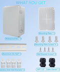 Bulletproof IP67 Junction Box In Heavy Duty ABS Plastic With Rock Solid Stainless Latch And Smooth Flip Cover Built For Rough Outdoor Jobs Includes Cable Glands Wall Plates And Simple Install Kit contents with box, screws, and brackets.