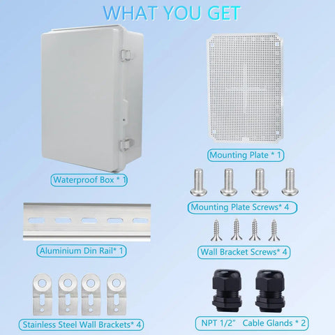 Bulletproof IP67 Junction Box In Heavy Duty ABS Plastic With Rock Solid Stainless Latch And Smooth Flip Cover Built For Rough Outdoor Jobs Includes Cable Glands Wall Plates And Simple Install Kit contents with box, screws, and brackets.