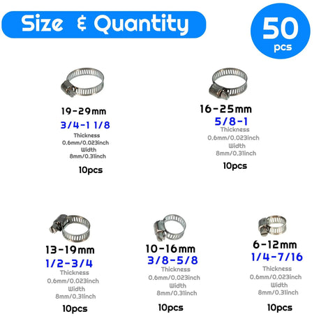 All Purpose 50 Pack Flexible Hose Clamps 6-29mm And 1 Quarter To 1 And 1 Eighth Inch sizes and quantities.