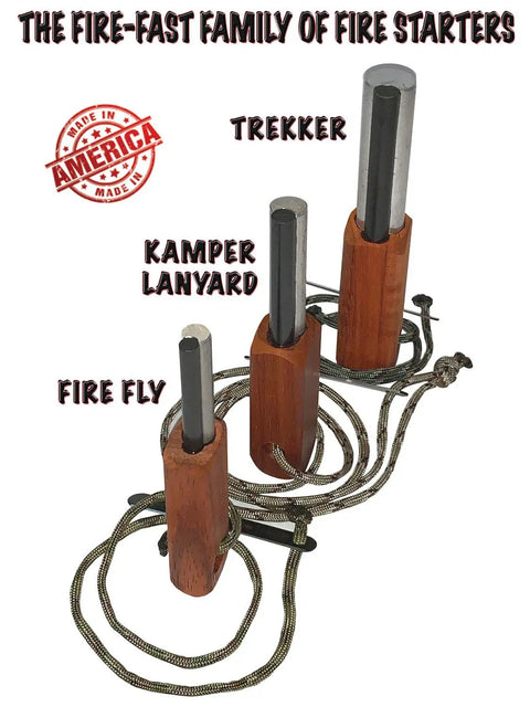 Three European Ferro Rod Fire Starter With Magnesium For Camping And Hiking with hardwood handles and paracords, various sizes.