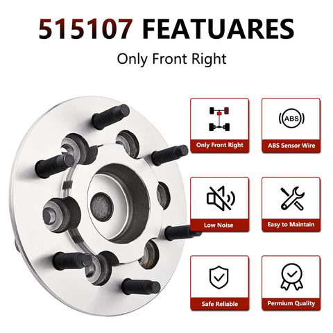 Front Right Passenger Side Wheel Hub Bearing Assembly Replacement For 2WD Heavy Duty Upgrade Fits Chevrolet Colorado 2004 Through 2008, GMC Canyon 2004 Through 2008, Isuzu I 280 2006, Isuzu I 290, I 370 2006 Through 2008 displayed front view with features diagrams.