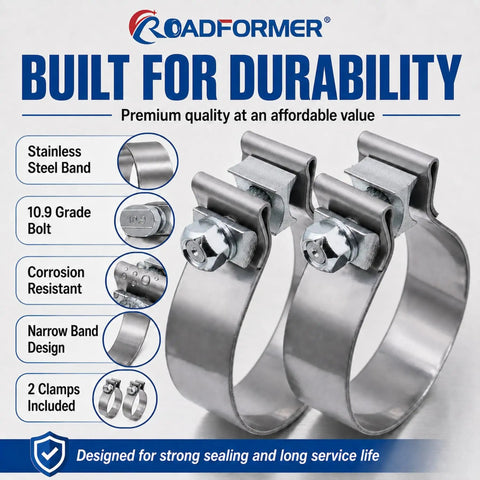 3 Inch Exhaust Clamp Narrow Band Stainless Steel Slip Fit Connector For 3 Inch OD To 3 Inch ID Exhaust Pipes, No Nonsense Heavy Duty 2 Pack