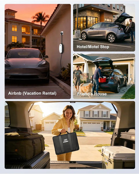 Straight Up Level 1 And Level 2 EV Charger Drops A Heavy Duty 25 Foot Cable Across Your Driveway, showcasing charging at Airbnb.