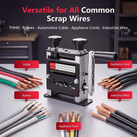 Heavy Duty Manual Wire Stripper Tool For Scrap Copper Recovery, multi hole wire peeler stripping various wire types; on a table
