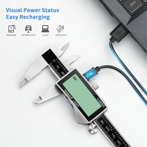Rechargeable Digital Caliper With USB Type C, Large Backlit LCD Display, 6 Inch Stainless Steel Vernier Caliper, Auto Off Energy Saver, Easy Switch From Inch To Metric Or Fraction, Perfect For DIY And Home Projects. 6-inch stainless steel digital caliper charging via USB-C