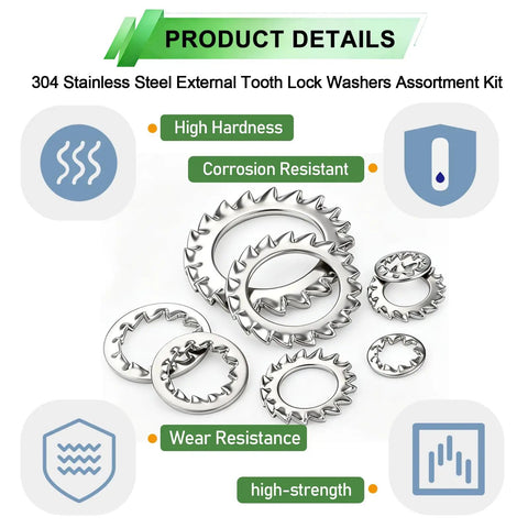 Garage Built 550 Piece External Tooth Lock Washer Assortment Kit Metric M2.5 To M12 Sizes features various sizes of 304 stainless steel washers.