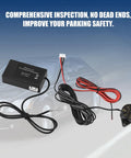 360 Degree Parking Sensor System No Drill Installation With Buzzer Alert, car in background, wiring and sensor components shown