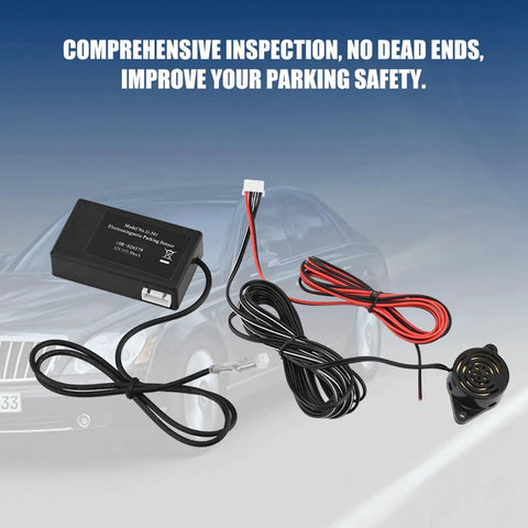 360 Degree Parking Sensor System No Drill Installation With Buzzer Alert, car in background, wiring and sensor components shown