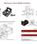 Badass 16mm CNC Ballscrew Kit SFU1605 Anti Backlash Lead Screw Bundle showing NEMA 24 motor housing and dimensions.
