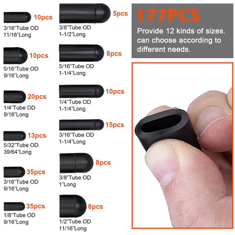 Garage-Ready Rubber Vacuum Cap Kit, 177-Piece 12-Size Assortment For Carburetor And Intake Manifold, shown with black caps