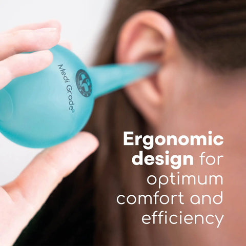 Using Quad Stream Ear Syringe Kit For Gentle Ear Wax Removal With 75 Ml Bulb close-up, showcasing ergonomic design.