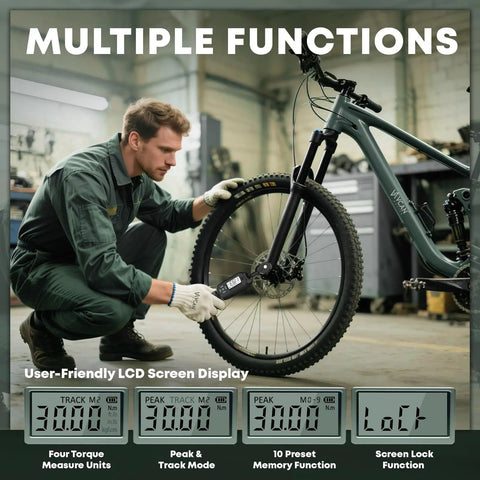 Quarter Inch Digital Torque Wrench 1.1 to 22.2 Foot Pounds Range in use on bike wheel with Track Mode display