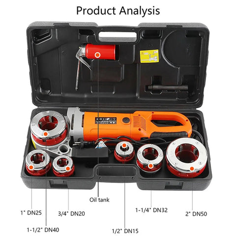 Upgraded Portable Electric Pipe Threader 2300W Pure Copper Motor Handheld Kit For 0.5-2 Inch Pipes, with six dies and oil tank.