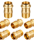 Eight Piece Three Quarter Inch Brass Press Fittings Set With Press To Male Thread MIP NPT Adapters For Batch Residential And Commercial Piping Safe For Potable Water And Copper Pipe Connections, showing all brass fittings arranged in a grid