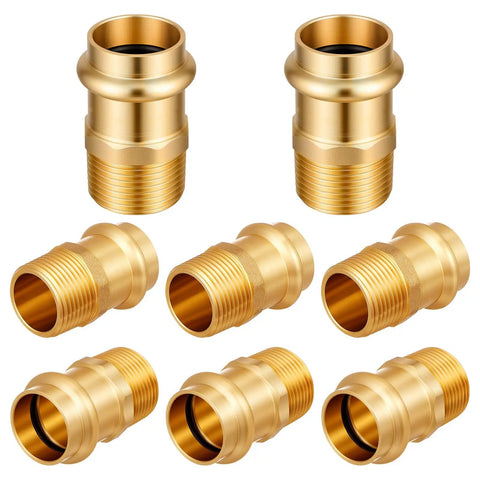 Eight Piece Three Quarter Inch Brass Press Fittings Set With Press To Male Thread MIP NPT Adapters For Batch Residential And Commercial Piping Safe For Potable Water And Copper Pipe Connections, showing all brass fittings arranged in a grid