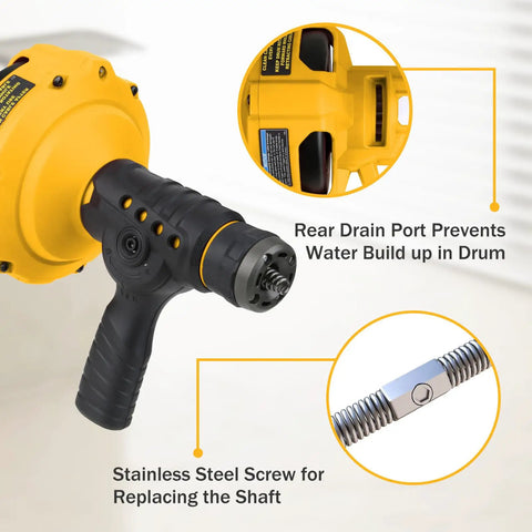 Electric Drain Cleaner With Auto Feed 1 Quarter Inch By 25 Foot Drum Cable showing rear drain port and stainless steel screw