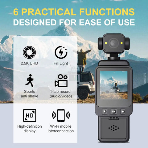 Body Mounted Action Camera For Vlogging With WiFi Night Vision And Stabilization 2.5K Video Rotating 360 Degree Lens shown