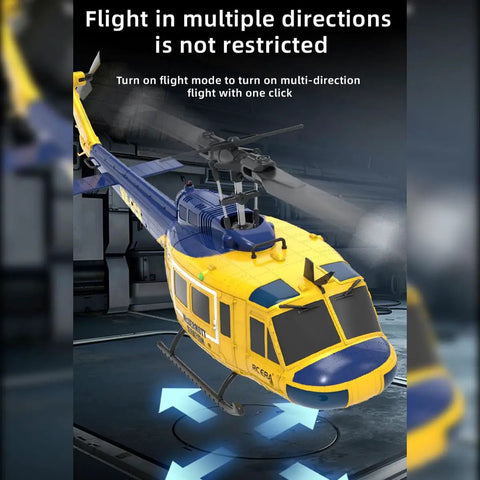 Flybarless Huey RC Helicopter For Adults With 6 Axis Gyro, Optical Flow Positioning, TOF Lidar Height, Yellow Blue Edition in flight