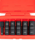 Six Piece Half Inch Drive Impact Socket Set For Any Job With Ten SAE And Metric Sizes, Thin Wall Lug Nut Sockets, Built Tough With Chromium Molybdenum, Includes A Three Inch Extension Bar, Six Point Sockets In Nineteen And Twenty One Millimeter in red case