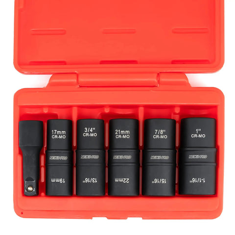 Six Piece Half Inch Drive Impact Socket Set For Any Job With Ten SAE And Metric Sizes, Thin Wall Lug Nut Sockets, Built Tough With Chromium Molybdenum, Includes A Three Inch Extension Bar, Six Point Sockets In Nineteen And Twenty One Millimeter in red case