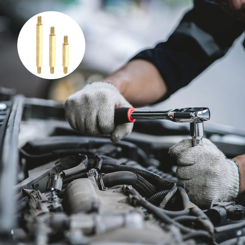 MECCANIXITY double-ended copper studs, M3x6+5+6mm; three gold-toned pieces shown with mechanic at car engine