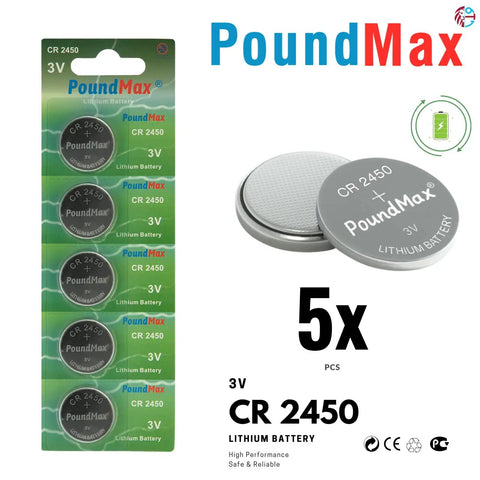 Premium Cr2450 3V Lithium Button Cell Batteries 5 Count For Car Key Fobs Remote Controls Desk Calculators And Smart Electronic Devices Delivers Big Time Power With Solid Long Haul Reliability You Can Count On, 5 batteries on card.