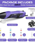 Mini heat gun with 300pcs solder accessories, including heat shrink tubing, solder seal connectors, and reflector nozzle.